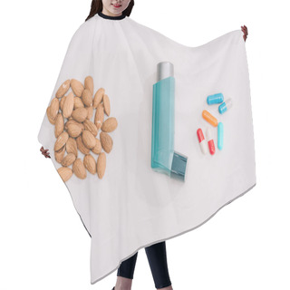 Personality  Top View Of Tasty Almonds Near Pills And Blue Inhaler On Grey Hair Cutting Cape