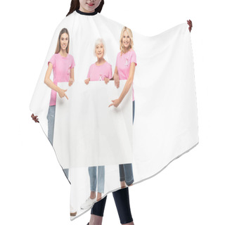 Personality  Women With Ribbons Of Breast Cancer Awareness Pointing At Empty Board On White Background Hair Cutting Cape