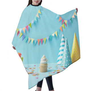 Personality   Tasty Cupcake, Party Hats, Confetti And Gifts On Blue Background With Colorful Bunting Hair Cutting Cape