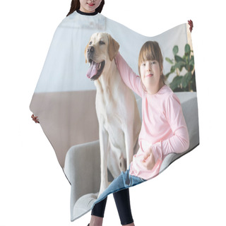 Personality  Kid With Down Syndrome Stroking Labrador Retriever Dog Sitting In Chair Hair Cutting Cape