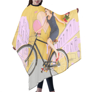 Personality  Top View Of Young Happy Elegant Woman With Bouquet Of Roses And Bike Lying On Yellow Background With City Street Illustration Hair Cutting Cape