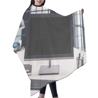 Personality  Computer Monitor With Blank Screen And Stationery At Workplace In Modern Office Hair Cutting Cape