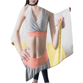 Personality  Cropped View Of Sportswoman With Hand On Hip Holding Measuring Tape At Home Hair Cutting Cape