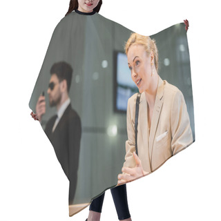 Personality  Blonde Businesswoman Talking To Receptionist In Hotel, Hospitality Industry, Attractive Woman Communicating With Hotel Staff, Private Security, Personal Safety, Bodyguard On Background  Hair Cutting Cape