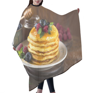 Personality  Stack Of Pancakes With Fresh Berries, Close-up. Hair Cutting Cape