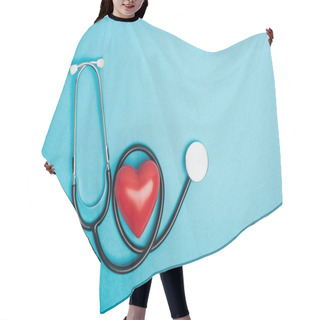 Personality  Top View Of Decorative Red Heart With Stethoscope On Blue Background, World Health Day Concept Hair Cutting Cape