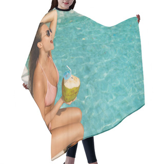 Personality  Happy Woman Relaxing In The Swimming Pool And Drinking Coconut Water Hair Cutting Cape