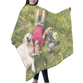 Personality  Top View Of Happy Tourist And Golden Retriever Dog Lying On Green Grass   Hair Cutting Cape