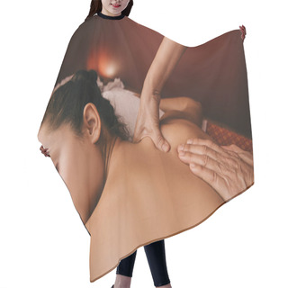 Personality  Cropped View Of Masseur Doing Back Massage To Woman On Massage Mat Hair Cutting Cape