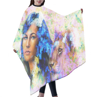 Personality  Painting Collage Young Woman And Lion Cub. Eye Contact. Hair Cutting Cape