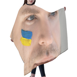 Personality  Close Up Portrait Of Man With Ukrainian Flag On Face Isolated On Grey Hair Cutting Cape