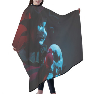 Personality  Creepy Jester Woman Holding A Human Skull With Red Clown Nose. Hair Cutting Cape
