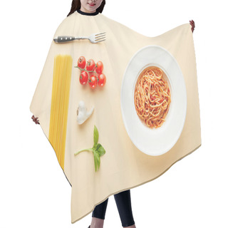 Personality  Flat Lay With Delicious Spaghetti With Tomato Sauce In Plate Near Fork And Ingredients On Yellow Background Hair Cutting Cape