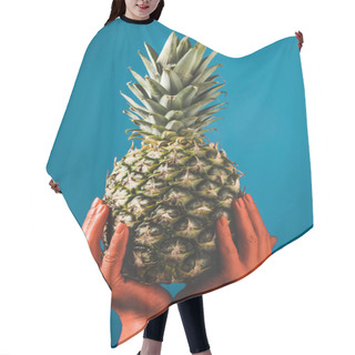 Personality  Partial View Of Woman Holding Ripe Pineapple Fruit In Coral Colored Hands On Blue Background,  Color Of 2019 Concept Hair Cutting Cape
