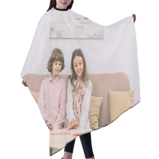 Personality  Kids Preparing Greeting For Mothers Day At Home On Couch Hair Cutting Cape