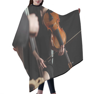 Personality  Partial View Of Professional Musicians Playing On Violin And Double Bass On Dark Stage, Selective Focus Hair Cutting Cape