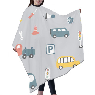 Personality  Cute Cars Seamless Pattern, Cartoon Transportation Doodles Background, Vector Illustration. Hair Cutting Cape