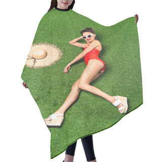 Personality  Overhead View Of Stylish Young Woman In Swimming Suit With Straw Hat Lying On Green Grass Hair Cutting Cape