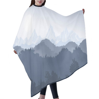 Personality  Tree And Mountain Landscape With Hills And Forest Silhouette Under Sky And Fog, Vector Illustration Hair Cutting Cape
