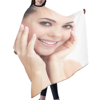 Personality  Cheerful Female With Fresh Clear Skin Hair Cutting Cape