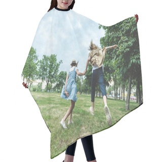 Personality  Young Couple Running Through Field Hair Cutting Cape