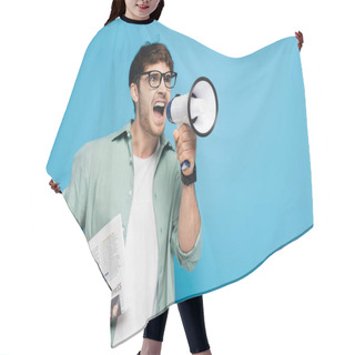 Personality  Aggressive Man Holding Newspaper While Screaming In Megaphone On Blue Hair Cutting Cape