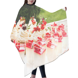 Personality  Candy Bar With Cakes, Muffins, Meringues, Macaroons And Biscuits Hair Cutting Cape