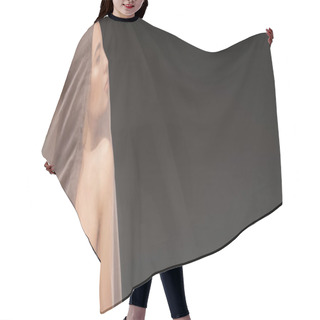 Personality  Side View Of Young Asian Woman With Naked Shoulder Posing Under Fabric Isolated On Black, Banner Hair Cutting Cape