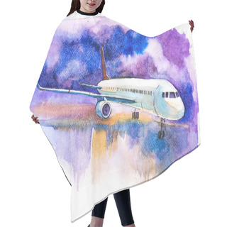 Personality  Passenger Aircraft. Airplane Ready To Take Off From Runway. Hair Cutting Cape