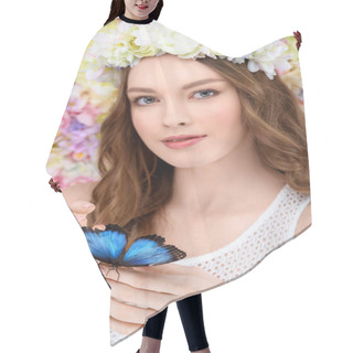 Personality  Smiling Young Woman In Floral Wreath With Butterfly On Hand Hair Cutting Cape
