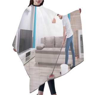 Personality  Young Man Cleaning Floor With Mop At Home Hair Cutting Cape