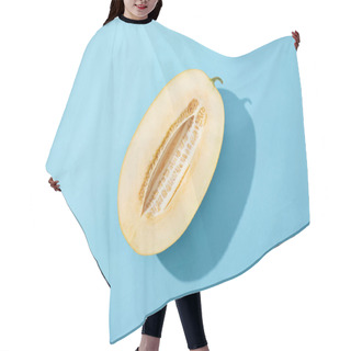 Personality  Top View Of Half Of Fresh Ripe Sweet Melon On Blue Background Hair Cutting Cape