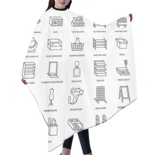Personality  Retail Store Supplies Flat Line Icons. Trade Shop Equipment Signs. Commercial Objects - Cash Register, Basket, Scales, Shopping Cart, Shelving, Display Cases. Thin Linear Signs For Warehouse Store. Hair Cutting Cape
