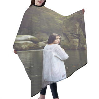 Personality  Beautiful Woman Posing In A Mountain Stream Hair Cutting Cape