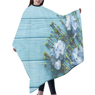 Personality  Top View Of Wooden Blue Background With Blossoming Branches And Flowers Hair Cutting Cape