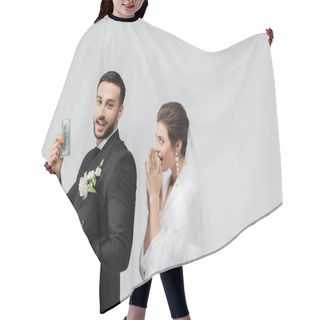 Personality  Smiling Arabian Groom Holding Money Near Excited Bride Isolated On Grey  Hair Cutting Cape