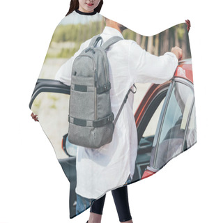 Personality  Back View Of Man In Shirt With Backpack Standing Near Car  Hair Cutting Cape