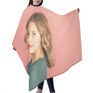 Personality  Kids Face Skin Care. Portrait Girl Face In Your Advertisnent. Cute Little Girl Standing On The Pink Background In The Studio, Fun. Hair Cutting Cape