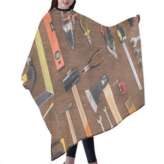 Personality  Top View Of Arranged Various Tools On Wooden Table Hair Cutting Cape