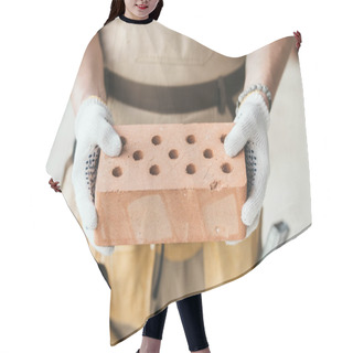 Personality  Cropped Image Of Builder In Protective Gloves Holding Brick  Hair Cutting Cape
