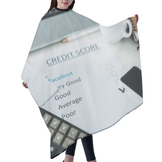 Personality  Selective Focus Of Smartphone, Cup With Coffee, Calculator, Laptop And Credit Score  Hair Cutting Cape
