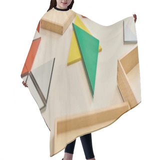 Personality  Colorful Triangles On Table In Class Of Montessori School, Banner Hair Cutting Cape
