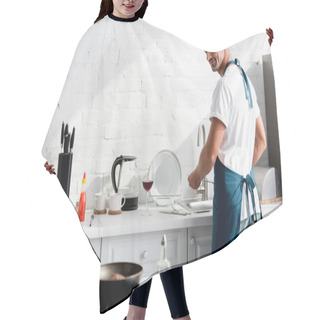 Personality  Adult Man Washing Dishes At Kitchen Hair Cutting Cape