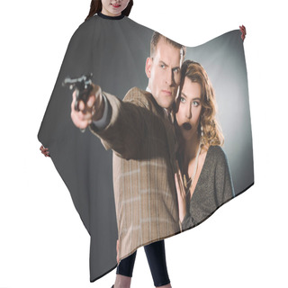 Personality  Attractive Woman Standing Near Armed Gangster With Gun On Black  Hair Cutting Cape
