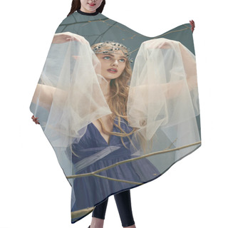Personality  A Young Woman In A Blue Dress With A Veil Over Her Head, Exuding An Aura Of Fairy And Fantasy In A Studio Setting. Hair Cutting Cape