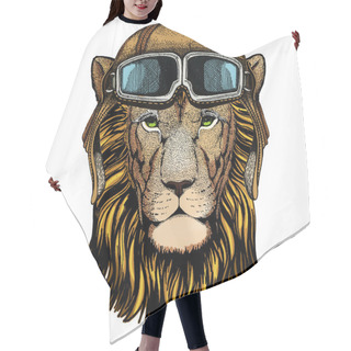 Personality  Lion. Wild Animal Portrait. Face Of African Cat. Vintage Aviator Helmet With Googles. Hair Cutting Cape