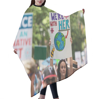 Personality  Woman Holds Up Sign Marching At Atlanta Earth Day March Hair Cutting Cape