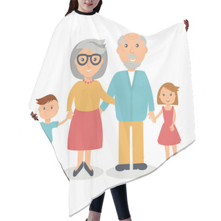 Personality  Senior Grandparents With Their Grandchilds. People Family Concept. Flat Style Vector.  Hair Cutting Cape