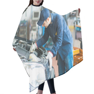 Personality  Mechanic At Work On Car In Garage Hair Cutting Cape