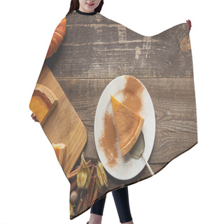 Personality  Top View Of Pumpkin Pie With Cinnamon Powder Near Whole Pumpkin And Spices On Dark Wooden Surface Hair Cutting Cape